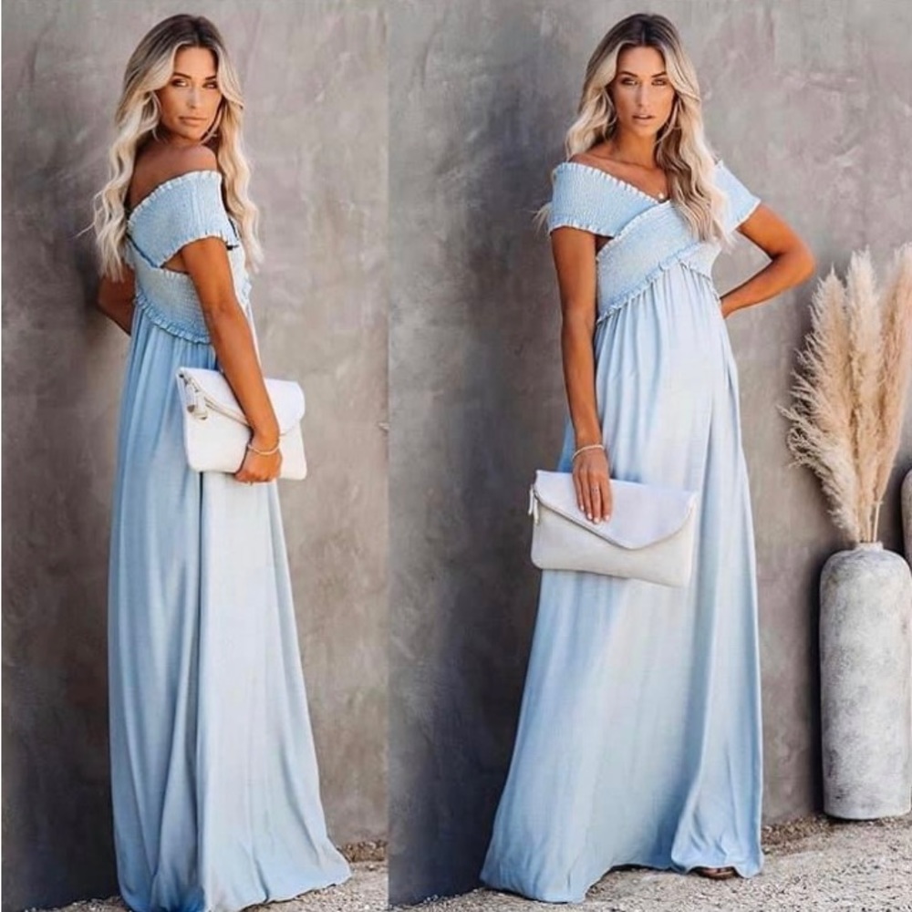 NWT FLAWLESS YARROW POCKETED OFF THE SHOULDER MAXI DRESS-WATERLILY🩵, Sz.S, BNWT